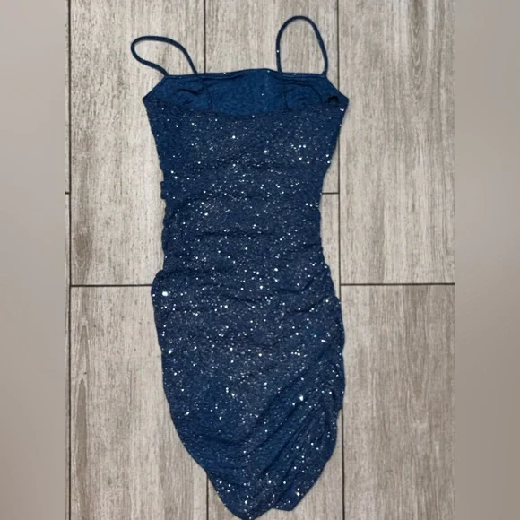 New Windsor Sparkling Navy Blue Ruched Mini Dress - Picture 3 of 7